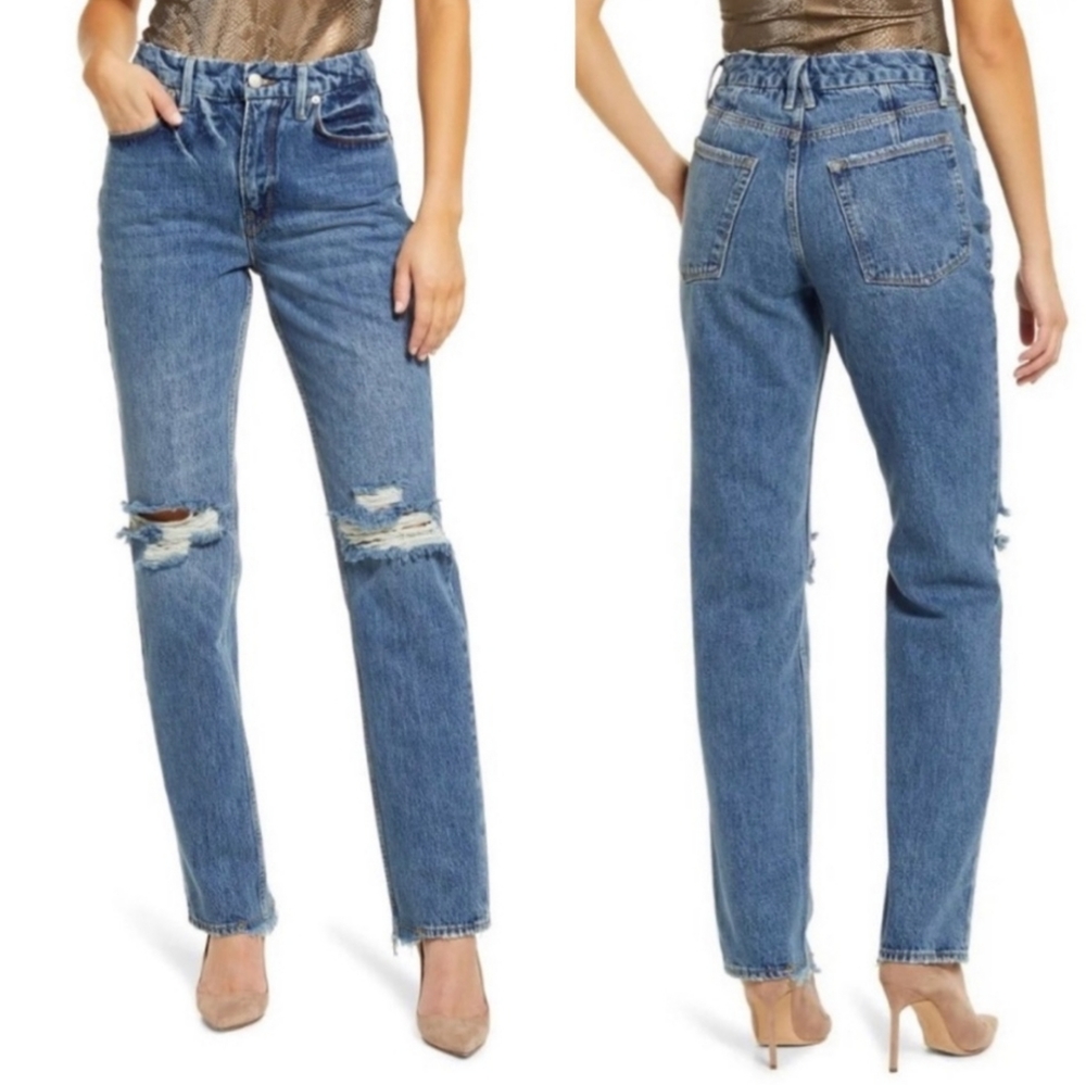 Nwt Good American Good 90s Slim Ripped Knee Straight Jeans In Indigo